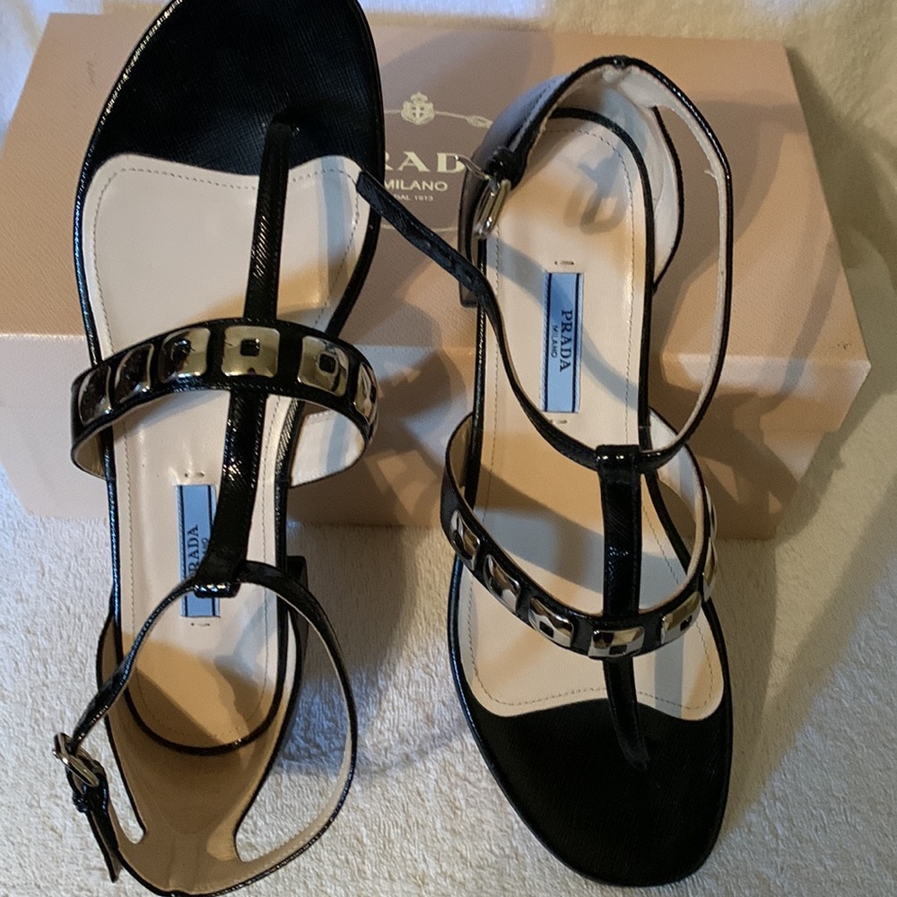 Prada Vernice 3 Sandals Black Patent Leather T Strap with Silver Details